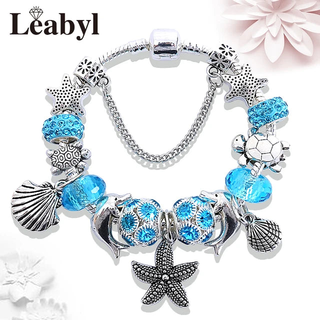 Classic Design Dolphin Charm Bracelets & Bangles for Women Jewelry Gift Blue Murano Crystal Glass Diy Bead Bracelets