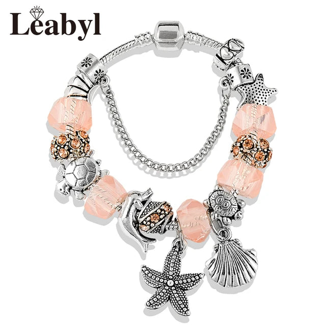 Classic Design Dolphin Charm Bracelets & Bangles for Women Jewelry Gift Blue Murano Crystal Glass Diy Bead Bracelets