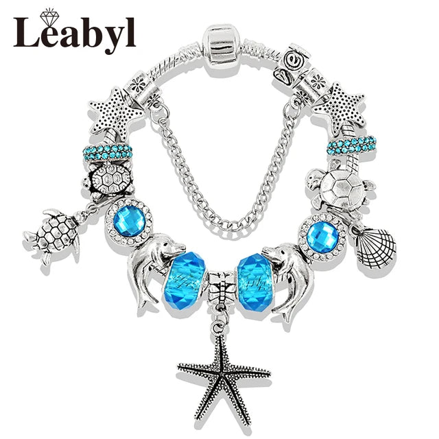 Classic Design Dolphin Charm Bracelets & Bangles for Women Jewelry Gift Blue Murano Crystal Glass Diy Bead Bracelets