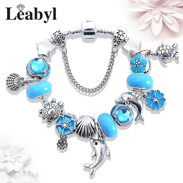 Classic Design Dolphin Charm Bracelets & Bangles for Women Jewelry Gift Blue Murano Crystal Glass Diy Bead Bracelets