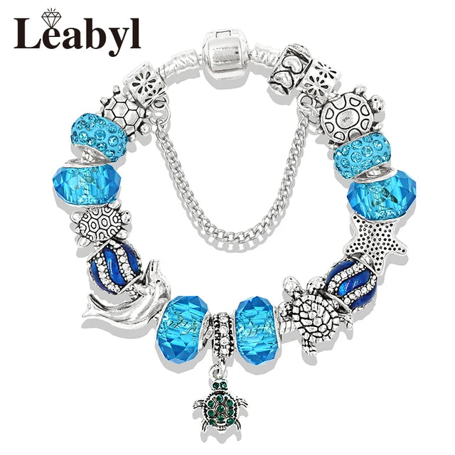 Classic Design Dolphin Charm Bracelets & Bangles for Women Jewelry Gift Blue Murano Crystal Glass Diy Bead Bracelets