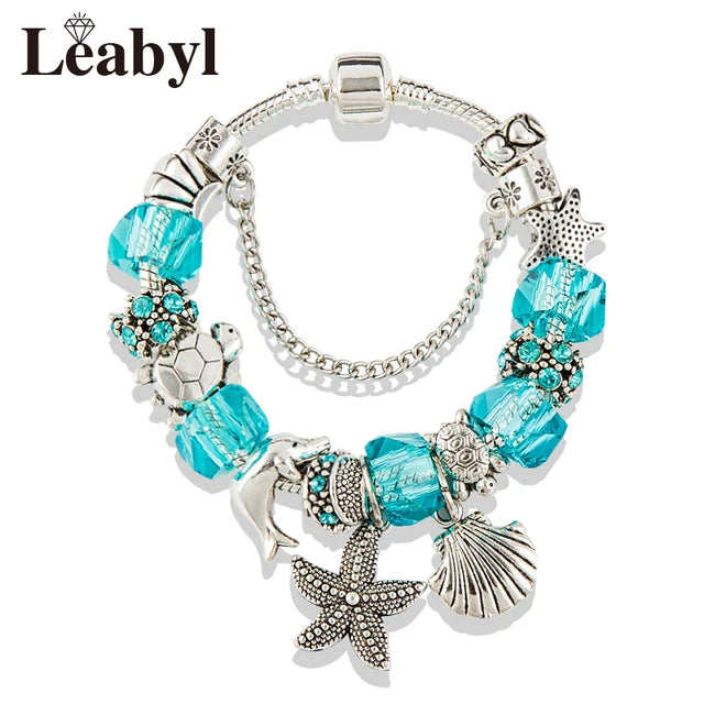 Classic Design Dolphin Charm Bracelets & Bangles for Women Jewelry Gift Blue Murano Crystal Glass Diy Bead Bracelets