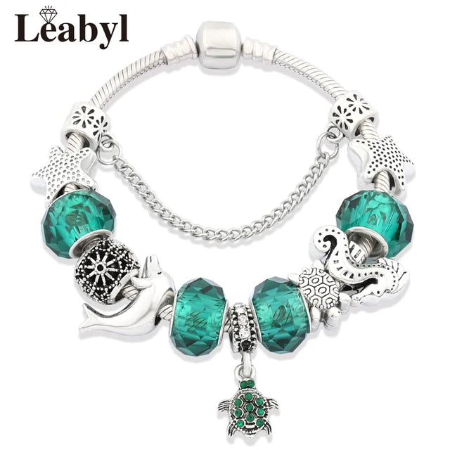 Classic Design Dolphin Charm Bracelets & Bangles for Women Jewelry Gift Blue Murano Crystal Glass Diy Bead Bracelets