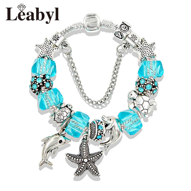 Classic Design Dolphin Charm Bracelets & Bangles for Women Jewelry Gift Blue Murano Crystal Glass Diy Bead Bracelets