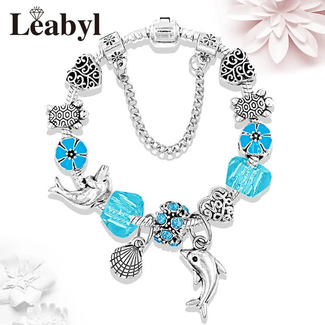 Classic Design Dolphin Charm Bracelets & Bangles for Women Jewelry Gift Blue Murano Crystal Glass Diy Bead Bracelets