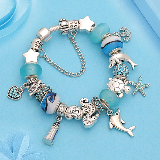 Classic Design Dolphin Charm Bracelets & Bangles for Women Jewelry Gift Blue Murano Crystal Glass Diy Bead Bracelets