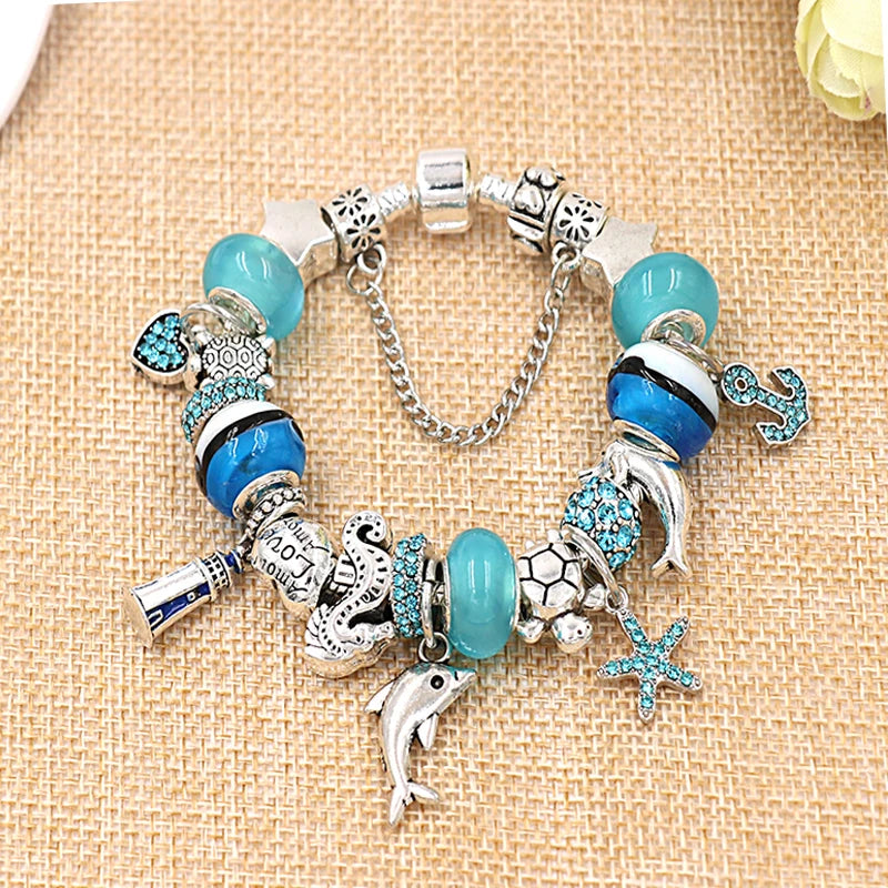 Classic Design Dolphin Charm Bracelets & Bangles for Women Jewelry Gift Blue Murano Crystal Glass Diy Bead Bracelets