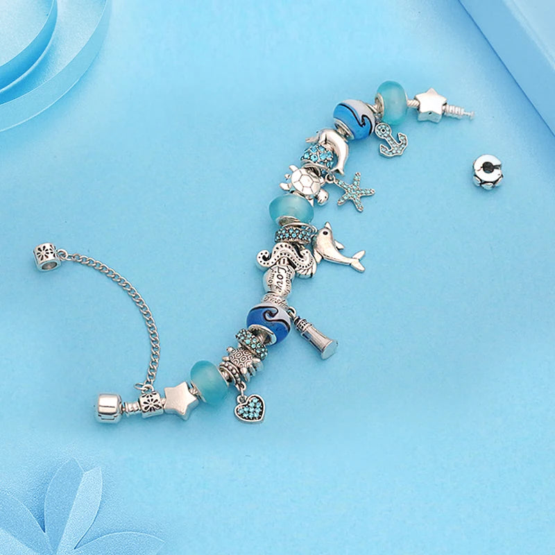 Classic Design Dolphin Charm Bracelets & Bangles for Women Jewelry Gift Blue Murano Crystal Glass Diy Bead Bracelets