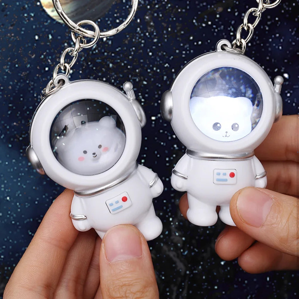 Creative Cartoon Lovely Spaceman Light Glowing Keychain Light Luminous Cute Bear Kawaii Cat Space Astronaut Key Ring Bag Hanging