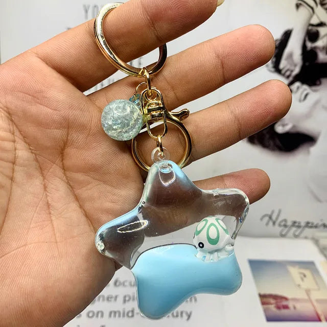 Creative Oil Liquid Quicksand Keychain Five-Pointed Star Cartoon Ocean World Floating Car Key Chain Package Pendant