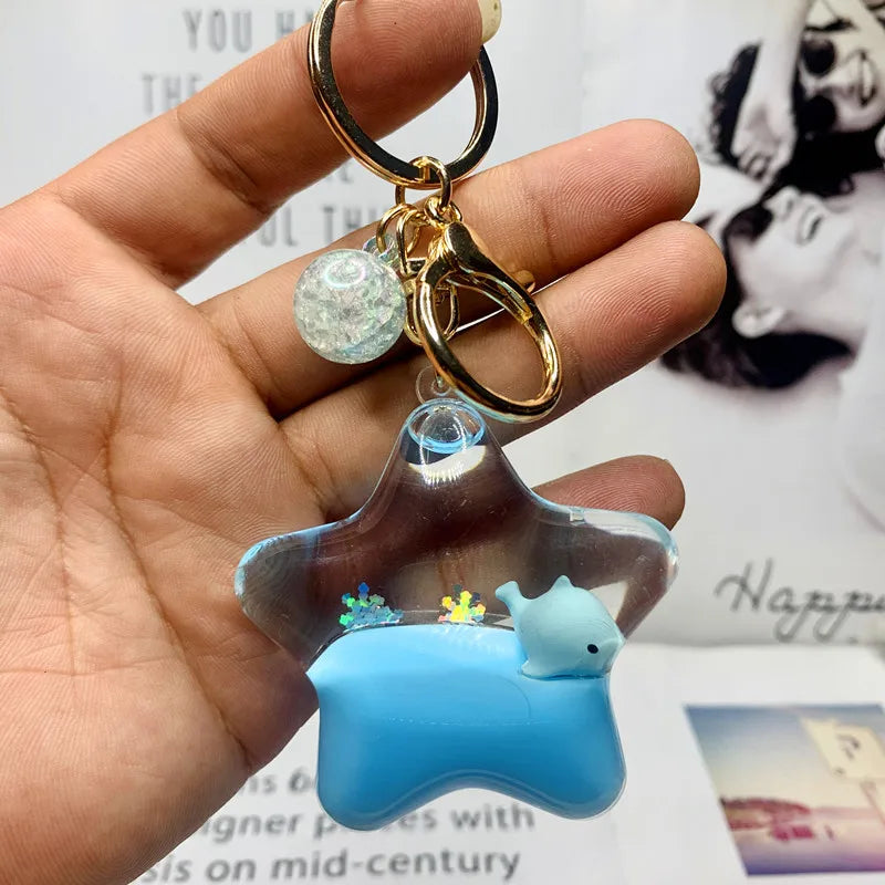 Creative Oil Liquid Quicksand Keychain Five-Pointed Star Cartoon Ocean World Floating Car Key Chain Package Pendant