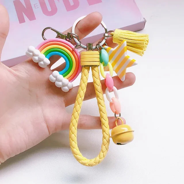 Creative Soft Pottery Rainbow Keychain Korean Version Lovely Girl Heart School Bag Lollipop Pendant Student Key Accessory Gift