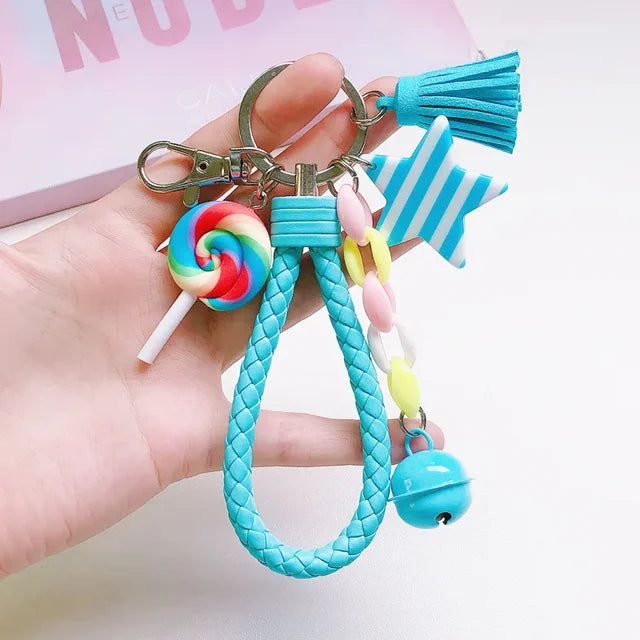 Creative Soft Pottery Rainbow Keychain Korean Version Lovely Girl Heart School Bag Lollipop Pendant Student Key Accessory Gift