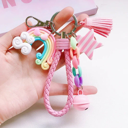 Creative Soft Pottery Rainbow Keychain Korean Version Lovely Girl Heart School Bag Lollipop Pendant Student Key Accessory Gift