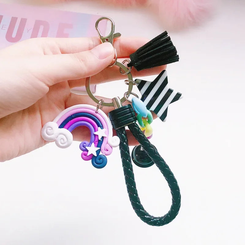 Creative Soft Pottery Rainbow Keychain Korean Version Lovely Girl Heart School Bag Lollipop Pendant Student Key Accessory Gift