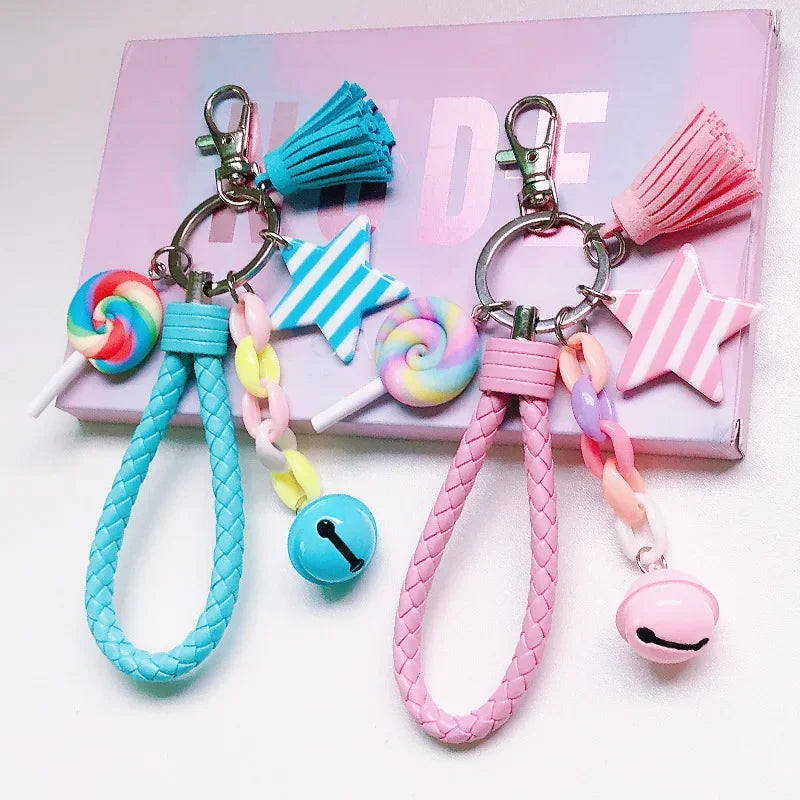 Creative Soft Pottery Rainbow Keychain Korean Version Lovely Girl Heart School Bag Lollipop Pendant Student Key Accessory Gift