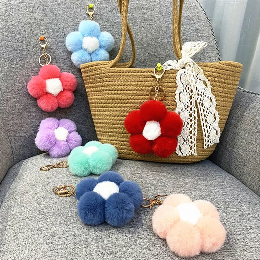 Creative flower pom pom ball keychain cute plush flower Keychain car bag pendant accessories car key ring gift K4284