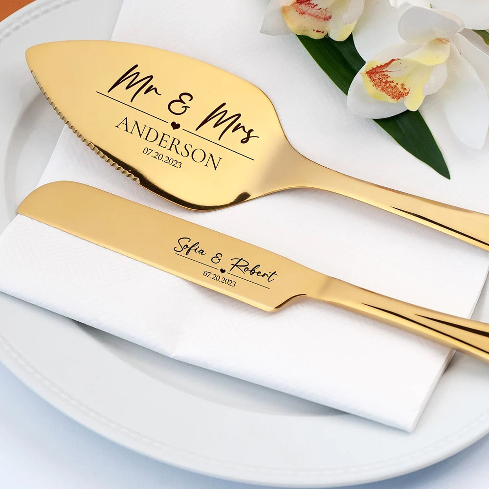 Custom Wedding Champagne Cake Cutting Set Anniversary keepsake for Mr&Mrs Stainless Steel Knife Shovel and Forks Party Gift