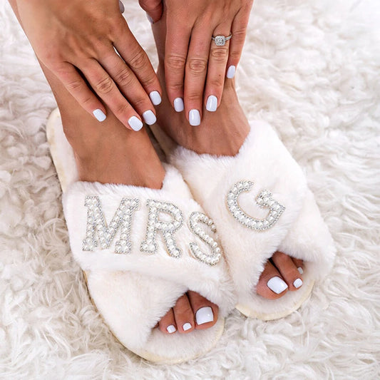 Customized Personalized Mrs Slippers Bridal Shower Wedding Engagement Honeymoon trip Bachelorette weekend Party decoration Gift