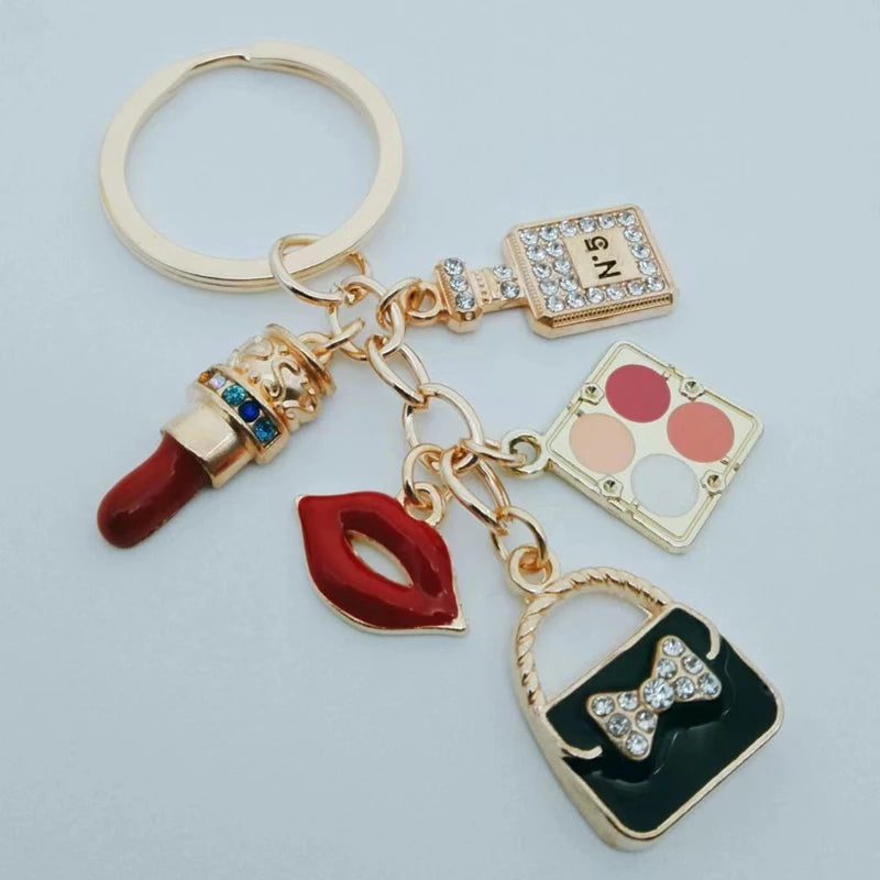 Cute Enamel Keychain Lady Eyeshadow Palette Lipstick Handbag Key Ring Makeup Key Chains Dress Gifts For Women Handmade