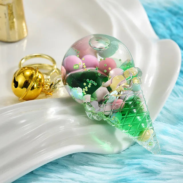 Cute Luminous Liquid Ice Cream Key Chain Cartoon Floating Jelly Bean Keychain Girl Women Couple Backpack Pendant Key Ring Gift