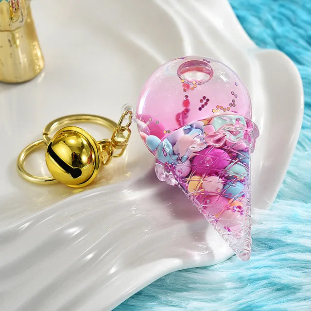 Cute Luminous Liquid Ice Cream Key Chain Cartoon Floating Jelly Bean Keychain Girl Women Couple Backpack Pendant Key Ring Gift