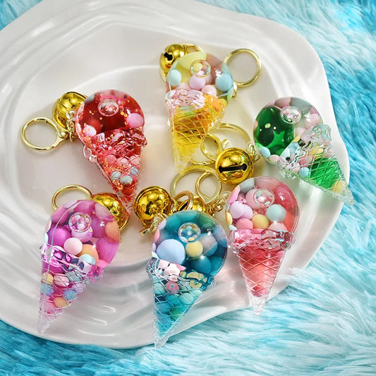 Cute Luminous Liquid Ice Cream Key Chain Cartoon Floating Jelly Bean Keychain Girl Women Couple Backpack Pendant Key Ring Gift