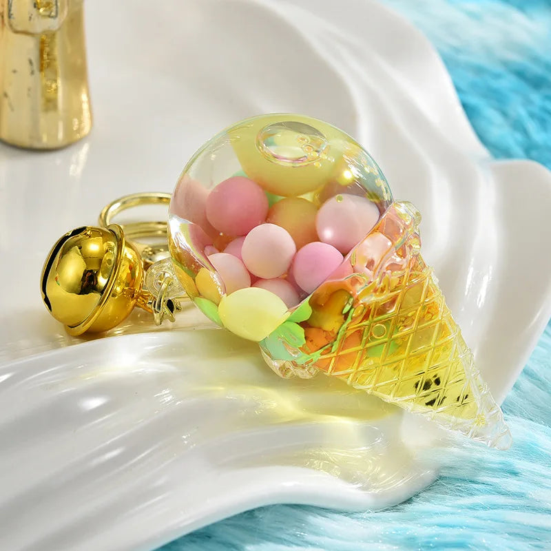 Cute Luminous Liquid Ice Cream Key Chain Cartoon Floating Jelly Bean Keychain Girl Women Couple Backpack Pendant Key Ring Gift