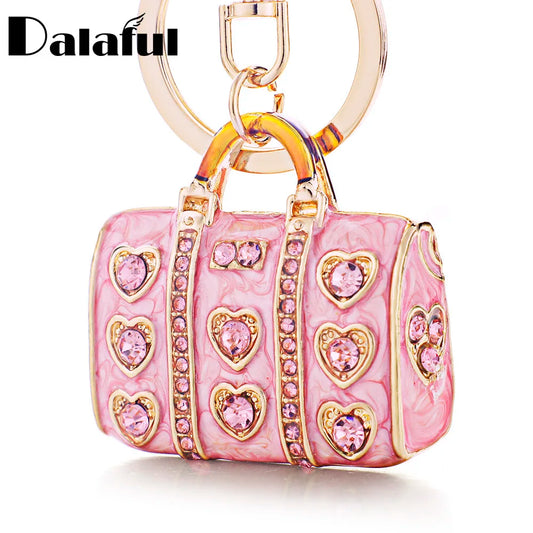 Dalaful Enamel Crystal Heart HandBag Keychains Stylish Purse Bag Buckle Pendant For Car Keyrings key chains holder women K234