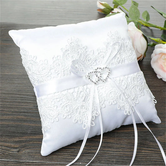 Double Bow Ribbon Pearls Romantic Ring Pillow Bridal Wedding Ceremony Pocket Ring Pillow Cushion Bearer with Ribbons Decoration