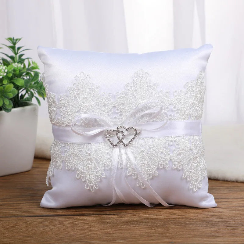 Double Bow Ribbon Pearls Romantic Ring Pillow Bridal Wedding Ceremony Pocket Ring Pillow Cushion Bearer with Ribbons Decoration