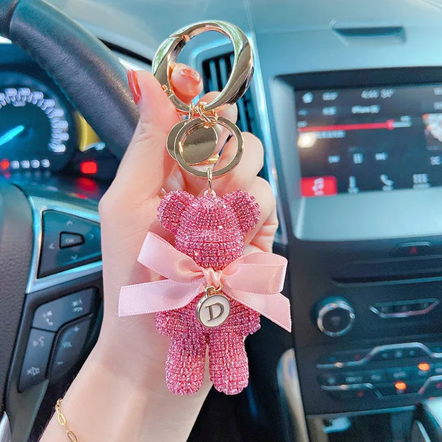 Full Rhinestones Bear Customizable Letters Luxury Car Key Chain Big Button Key Chains Bag Pendant Party Gifts for Women