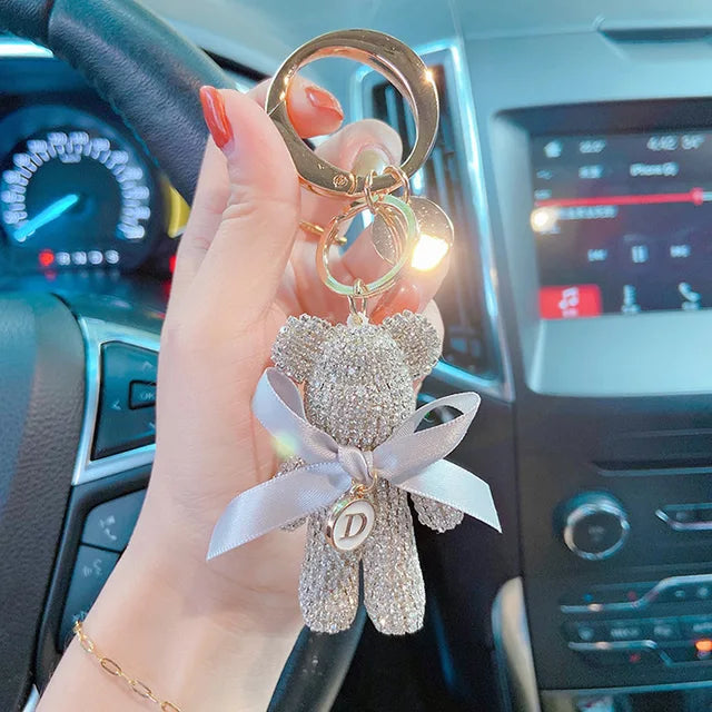 Full Rhinestones Bear Customizable Letters Luxury Car Key Chain Big Button Key Chains Bag Pendant Party Gifts for Women