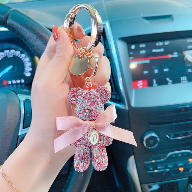 Full Rhinestones Bear Customizable Letters Luxury Car Key Chain Big Button Key Chains Bag Pendant Party Gifts for Women