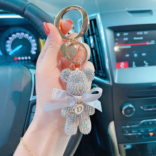 Full Rhinestones Bear Customizable Letters Luxury Car Key Chain Big Button Key Chains Bag Pendant Party Gifts for Women