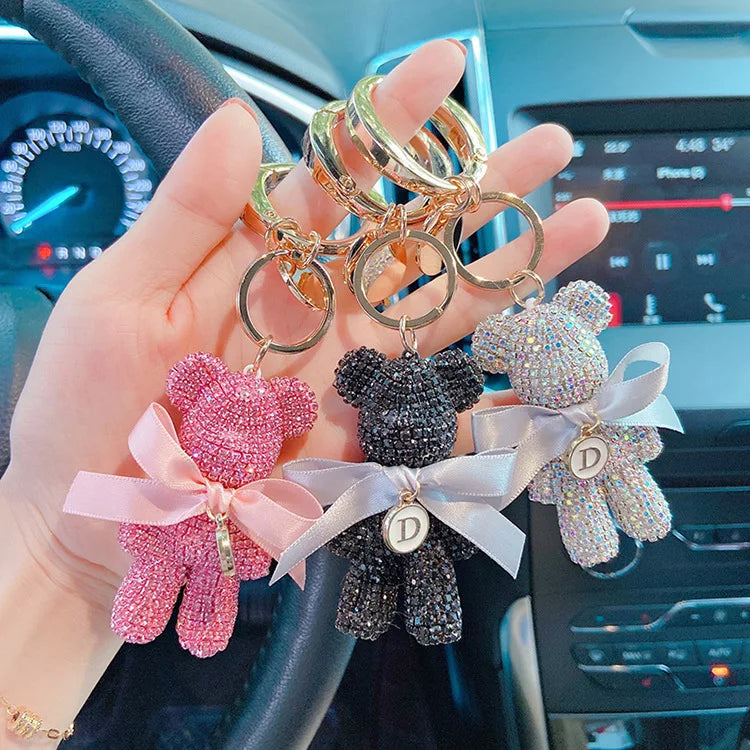 Full Rhinestones Bear Customizable Letters Luxury Car Key Chain Big Button Key Chains Bag Pendant Party Gifts for Women