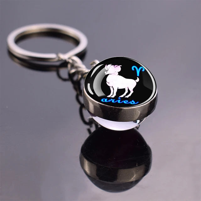 Glow In The Dark 12 Constellation Keychains Luminous Glass Ball Double Side Pendant Key Chains Birthday Gift Zodiac Sign Keyring