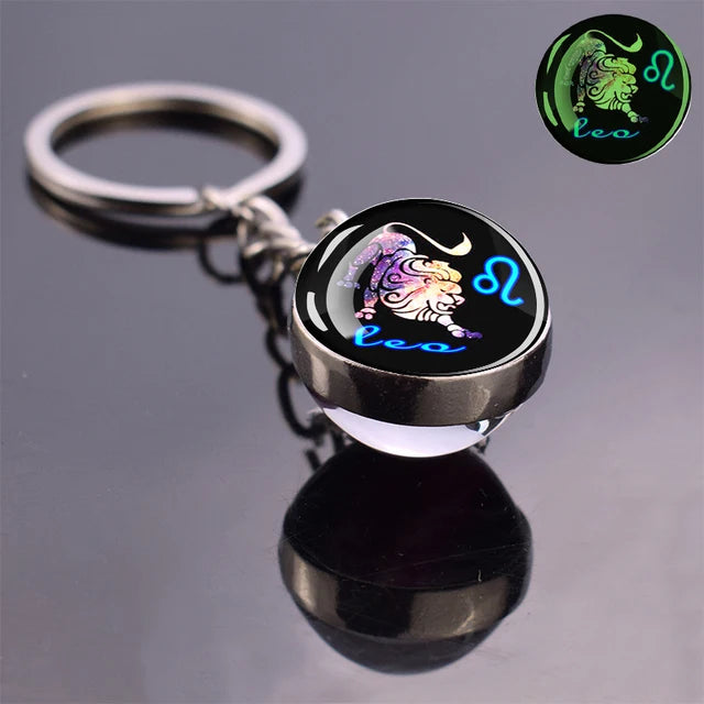 Glow In The Dark 12 Constellation Keychains Luminous Glass Ball Double Side Pendant Key Chains Birthday Gift Zodiac Sign Keyring