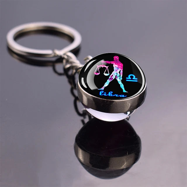 Glow In The Dark 12 Constellation Keychains Luminous Glass Ball Double Side Pendant Key Chains Birthday Gift Zodiac Sign Keyring