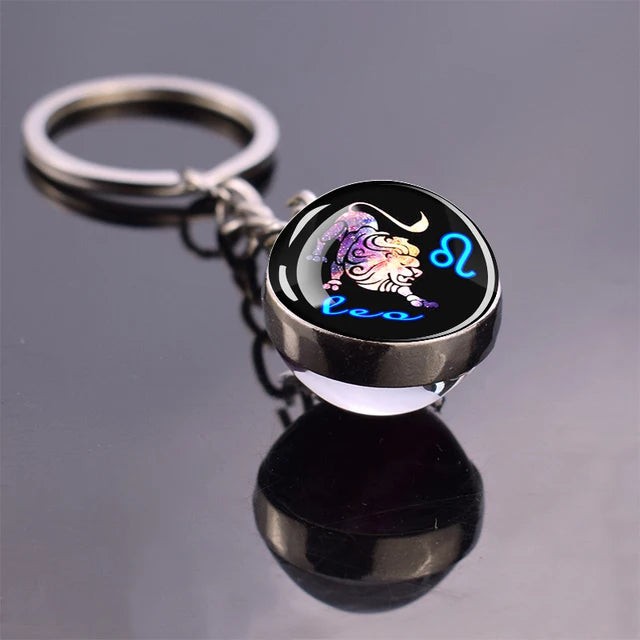 Glow In The Dark 12 Constellation Keychains Luminous Glass Ball Double Side Pendant Key Chains Birthday Gift Zodiac Sign Keyring