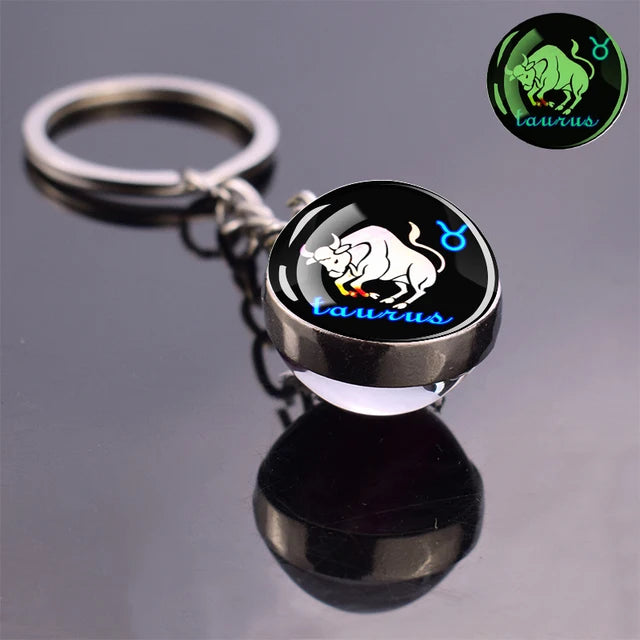 Glow In The Dark 12 Constellation Keychains Luminous Glass Ball Double Side Pendant Key Chains Birthday Gift Zodiac Sign Keyring