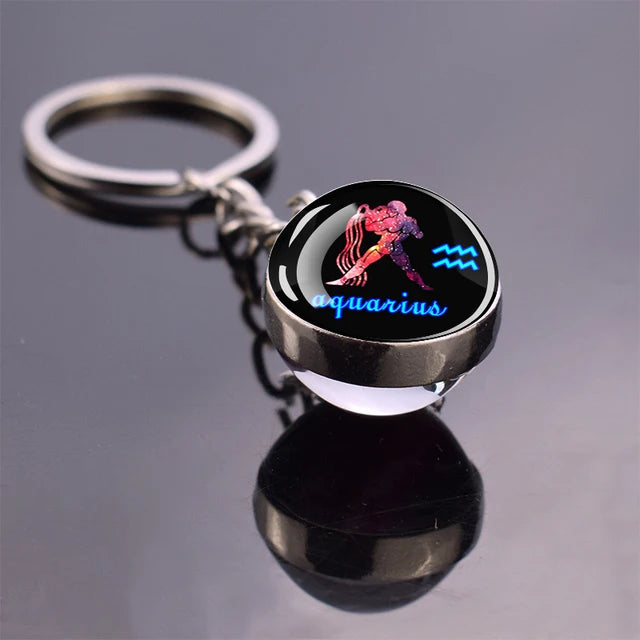 Glow In The Dark 12 Constellation Keychains Luminous Glass Ball Double Side Pendant Key Chains Birthday Gift Zodiac Sign Keyring