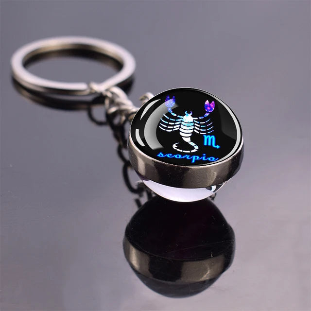 Glow In The Dark 12 Constellation Keychains Luminous Glass Ball Double Side Pendant Key Chains Birthday Gift Zodiac Sign Keyring