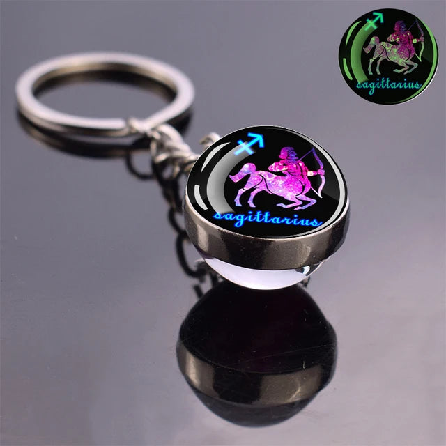 Glow In The Dark 12 Constellation Keychains Luminous Glass Ball Double Side Pendant Key Chains Birthday Gift Zodiac Sign Keyring