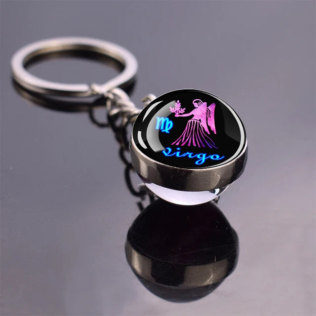 Glow In The Dark 12 Constellation Keychains Luminous Glass Ball Double Side Pendant Key Chains Birthday Gift Zodiac Sign Keyring