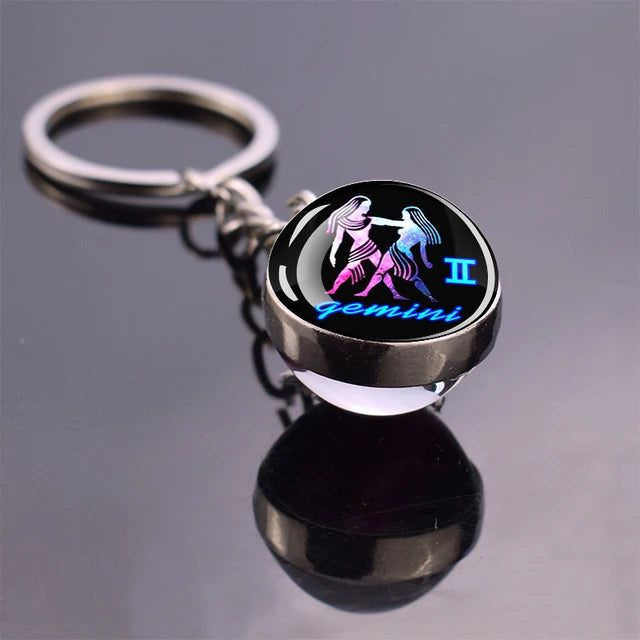 Glow In The Dark 12 Constellation Keychains Luminous Glass Ball Double Side Pendant Key Chains Birthday Gift Zodiac Sign Keyring