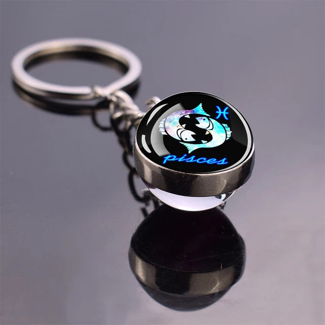 Glow In The Dark 12 Constellation Keychains Luminous Glass Ball Double Side Pendant Key Chains Birthday Gift Zodiac Sign Keyring