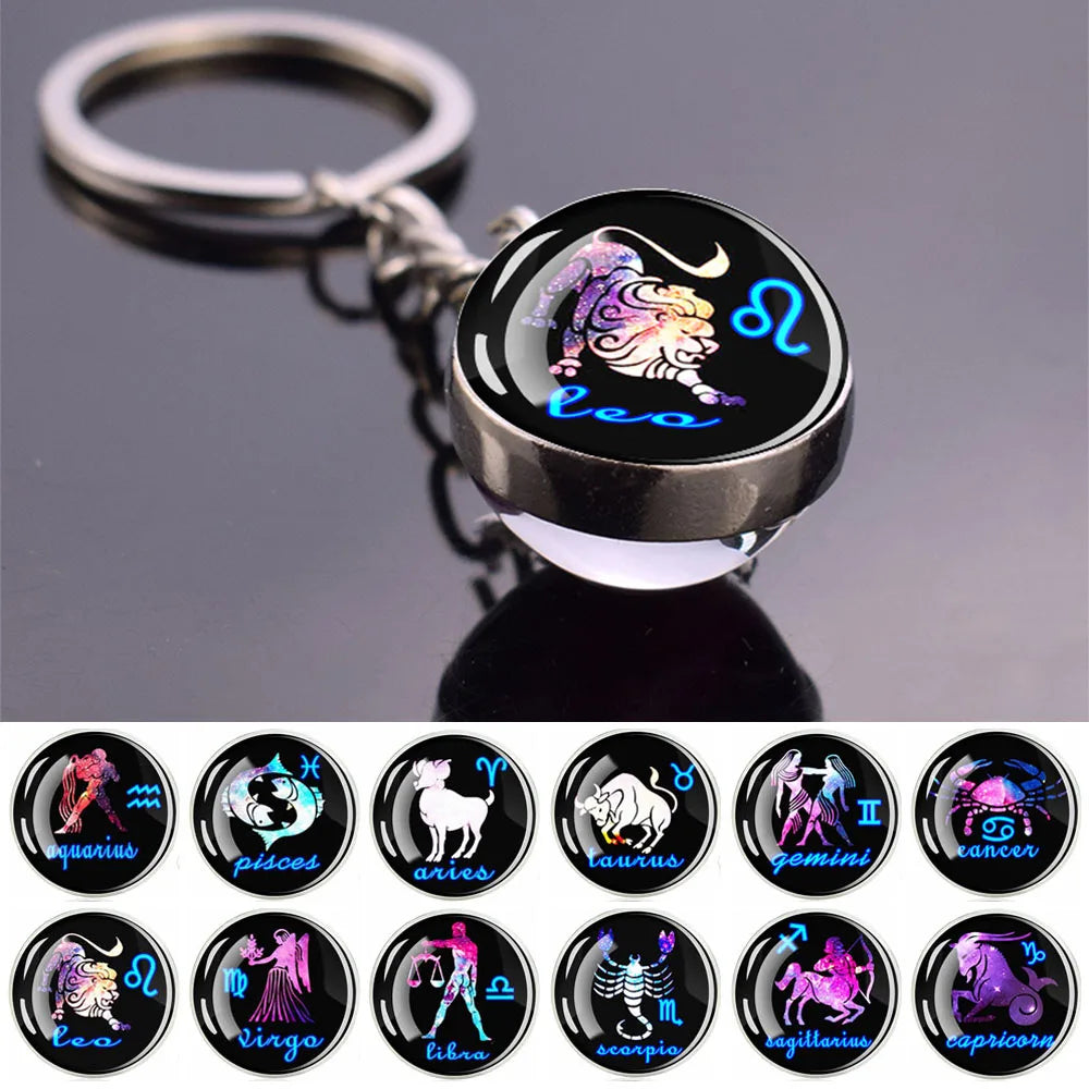 Glow In The Dark 12 Constellation Keychains Luminous Glass Ball Double Side Pendant Key Chains Birthday Gift Zodiac Sign Keyring