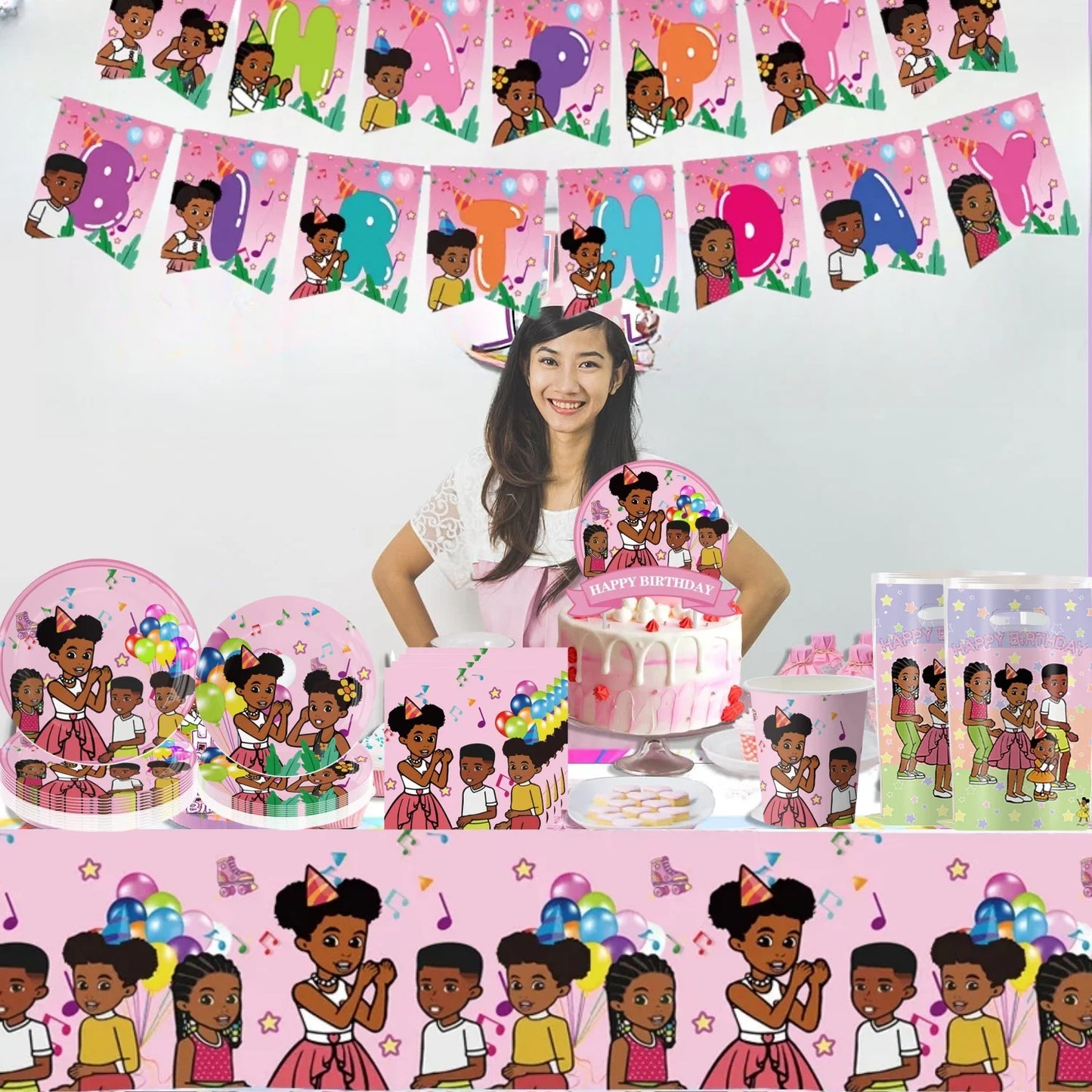 Gracie Corner Birthday Party Decoration Black Girl Disposable Tableware Tablecloth Plate Cup Kids Girls favors Party Supplies