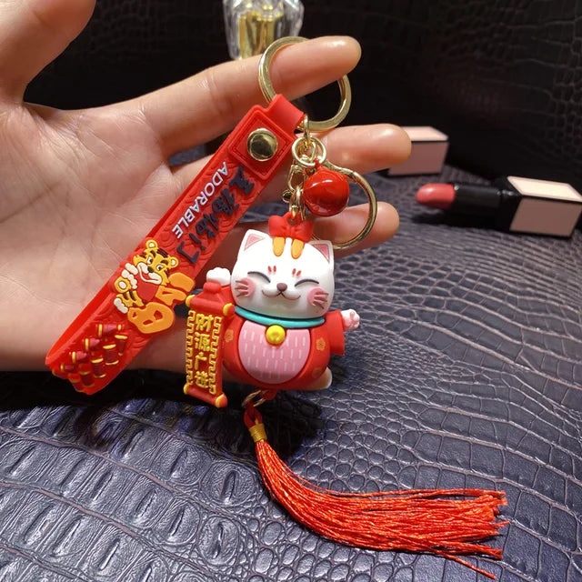 Handmade DIY Craft Rhinestone Lucky Cat Tassels Cartoon Cat Keychain Cute Bag Charm Holder Cartoon Resin Key Chain K4885